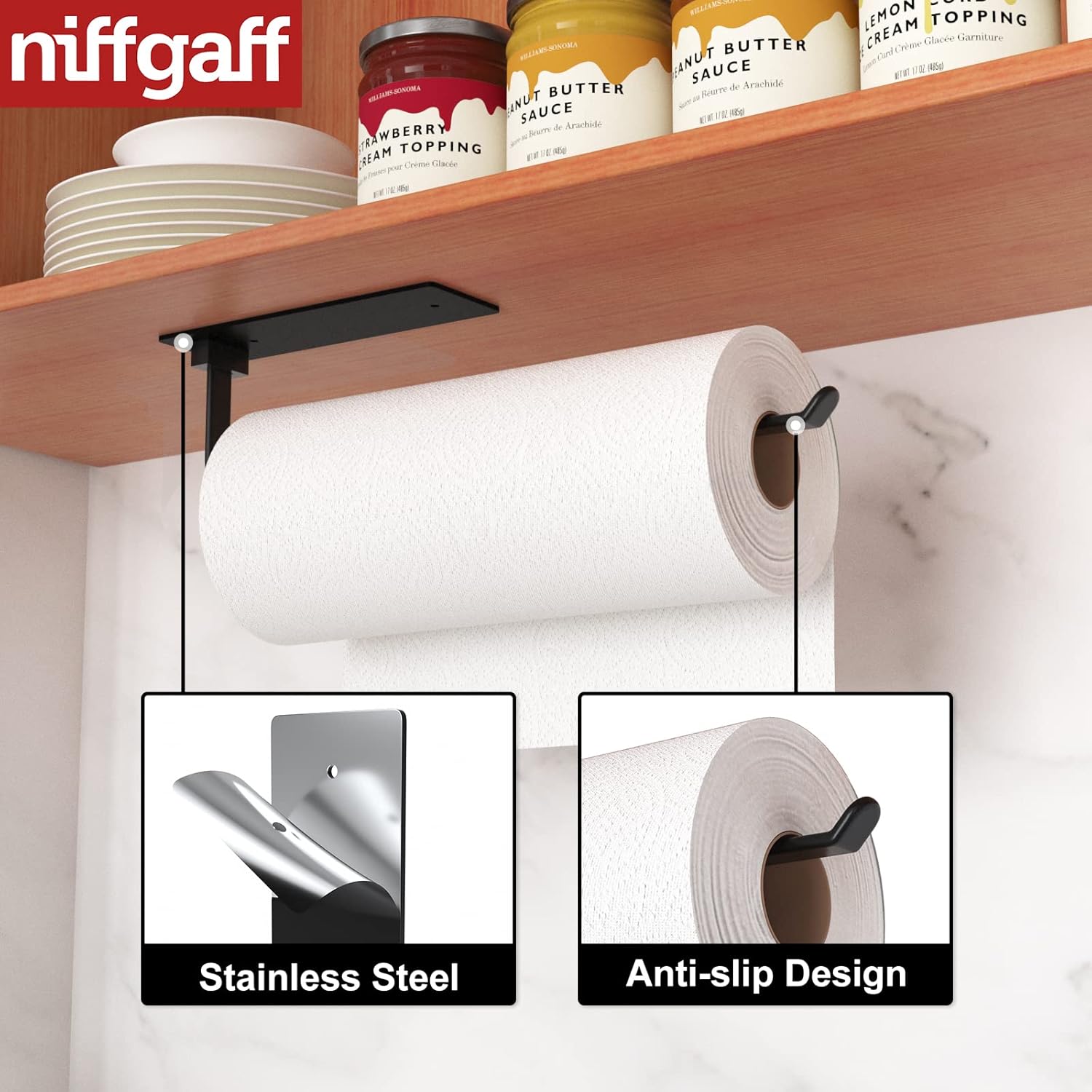 Black Kitchen Roll Holder Under Cabinet, Self-Adhe... - Image 3