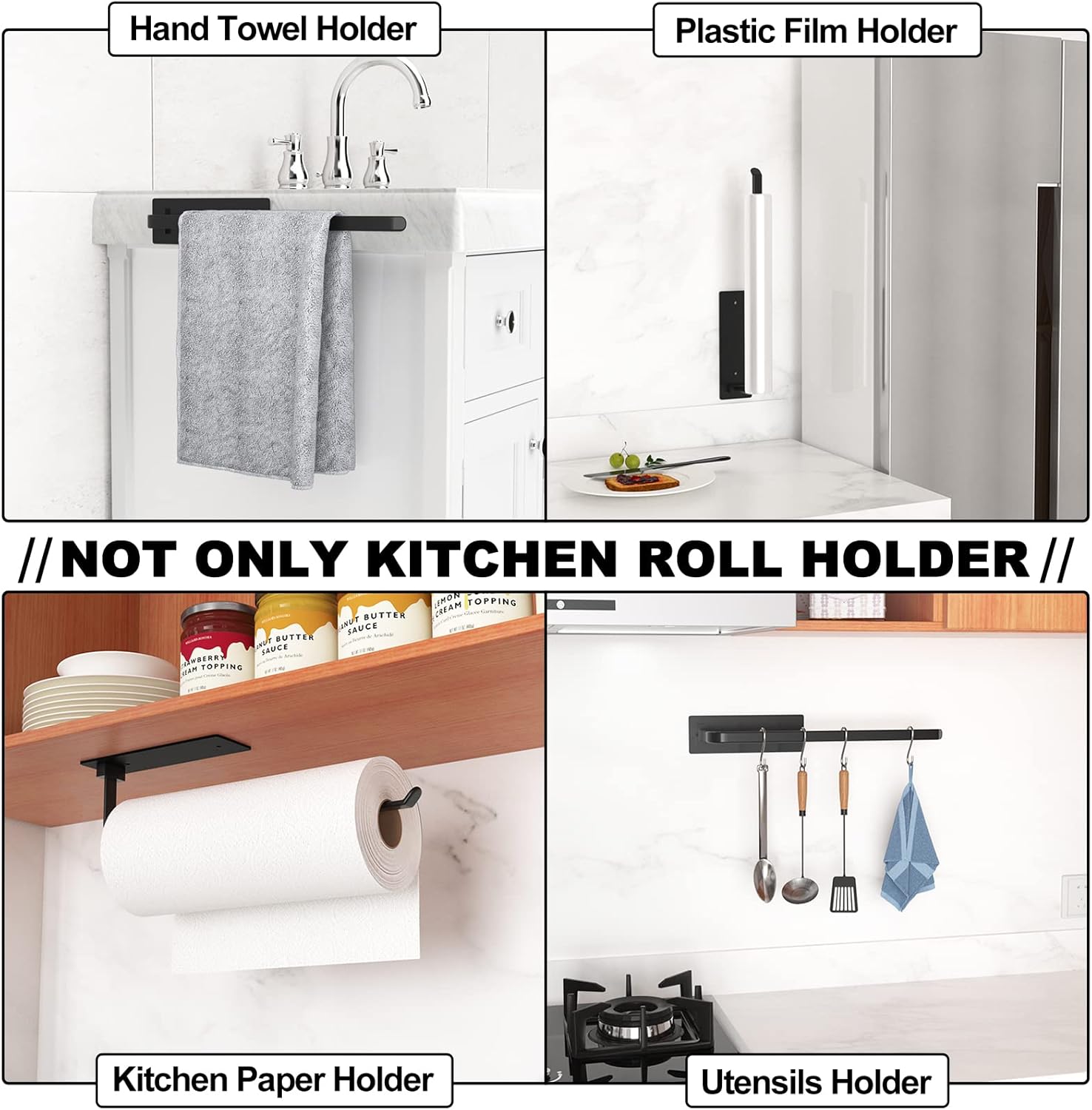 Black Kitchen Roll Holder Under Cabinet, Self-Adhe... - Image 5
