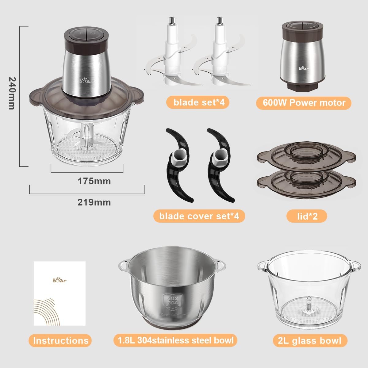 Bear 2L+1.8L 600W Electric Food Processors & Chopp... - Image 8