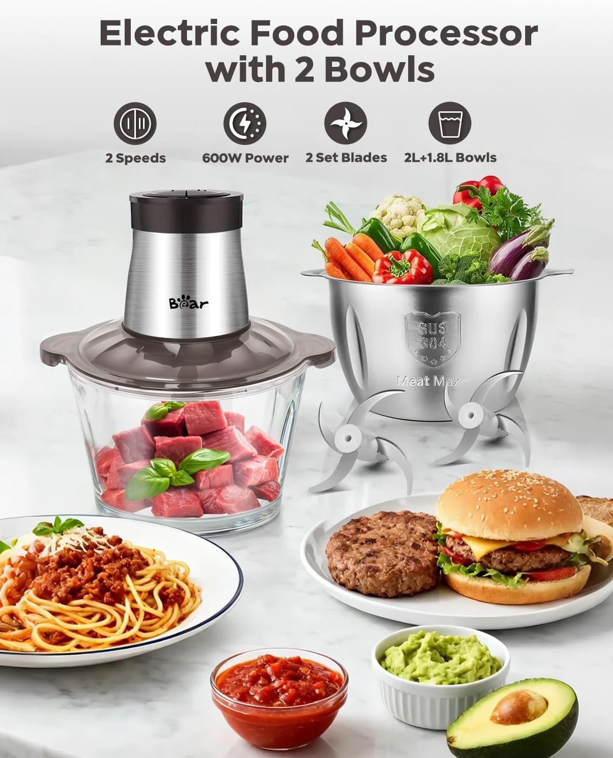 Bear 2L+1.8L 600W Electric Food Processors & Chopp... - Image 3