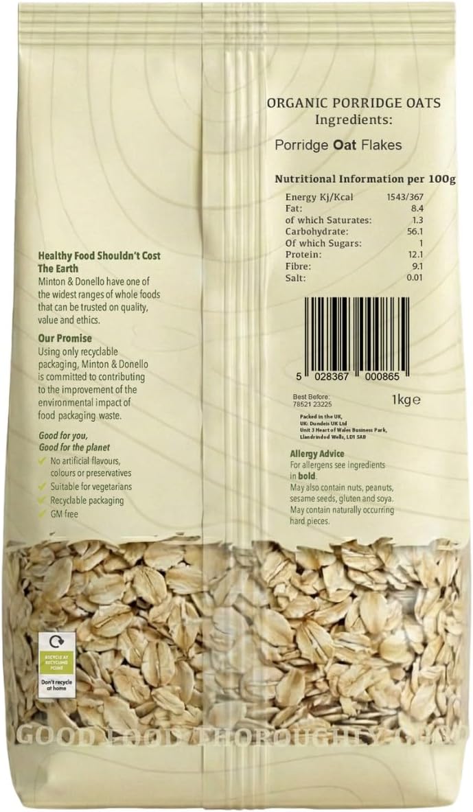 Minton & Donello Organic Porridge Oats 1kg – Whole... - Image 2